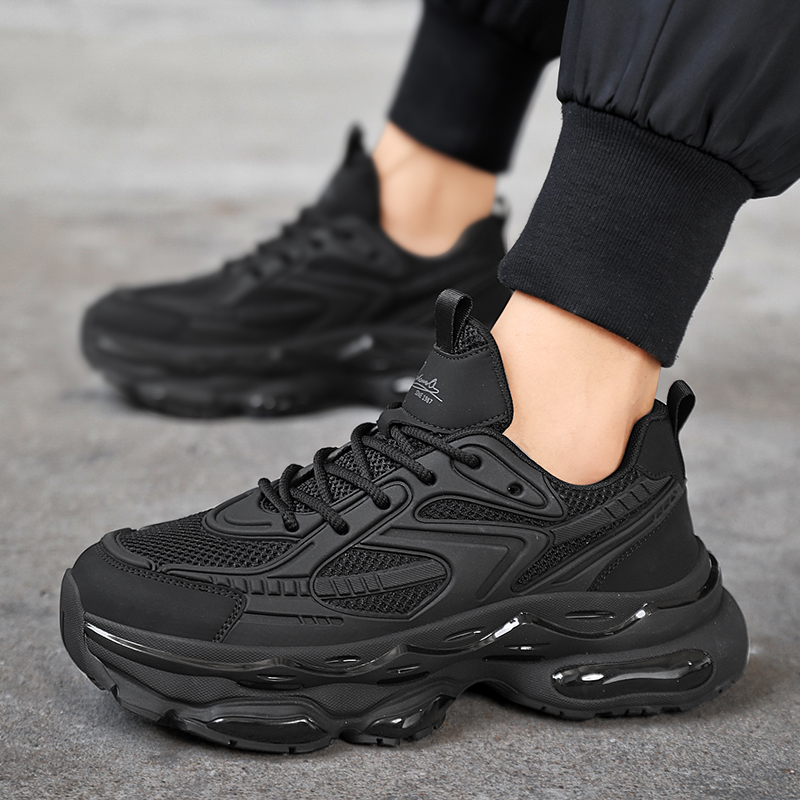 黑武士男鞋秋季透气跑步减震气垫运动鞋男款休闲增高黑色老爹网面